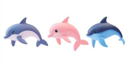 Fototapeta premium Three cute, stylized dolphins in varying colors against a white background.