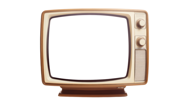 Vintage mid-century wooden television set with empty screen, retro design classic from the 1960s, isolated on white background, iconic home entertainment technology from the past.