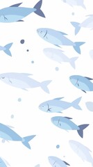 Obraz premium Minimalistic Flat Illustration of a School of Fish Swimming in the Ocean: Soft Blue Tones with Silver Ice Crystals on White Background