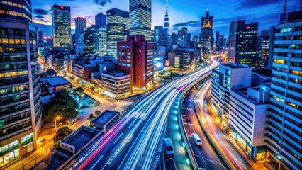 Dynamic Urban Scene with Motion Blur and Blue Tones Showcasing the Energy of City Life at Night