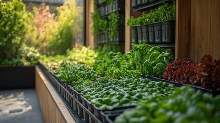 Rows of fresh green leafy plants in black pots with wooden shelves and a blurred background of more plants.