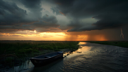 Tranquil Small River Meandering Through a Thunderstorm | Serene Natural Landscape with Dramatic Skies