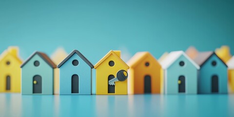 A row of house models with one yellow house holding keys on a light blue background, symbolizing a new home concept. 3D Rendering, Generative AI