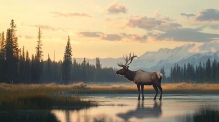 A majestic elk stands in a serene landscape at sunset, reflecting on calm waters.