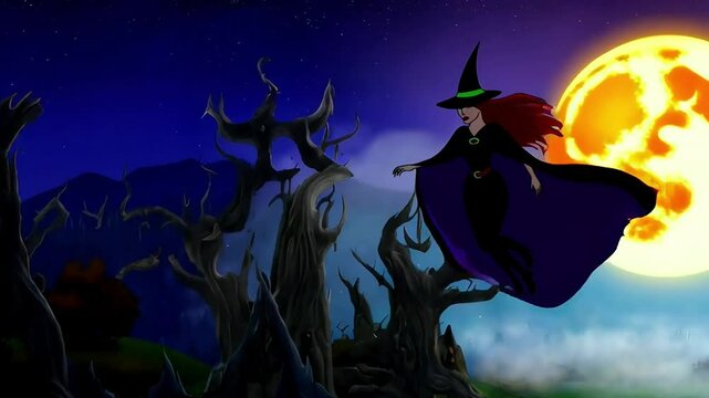 Witch flying on big full moon night background halloween theme fantasy.