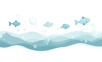 Minimalistic Flat Illustration of a School of Fish Swimming in the Ocean: Soft Blue Tones with Silver Ice Crystals on White Background