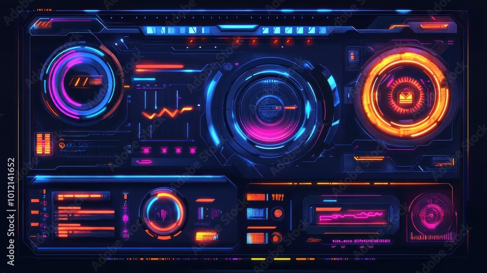 Poster futuristic digital interface featuring vibrant colors and interactive elements.