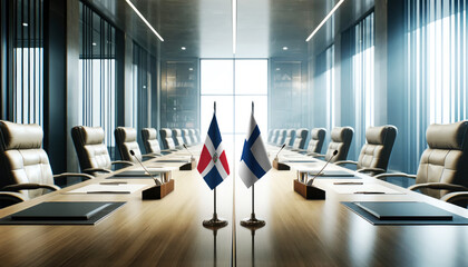 A modern conference room with Dominican Republic and Finland flags on a long table, symbolizing a bilateral meeting or diplomatic discussions between the two nations.