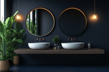 Modern bathroom interior with dark walls, round mirrors, and cylindrical sinks, minimalistic design, light background, home decor concept.  3D, Generative AI