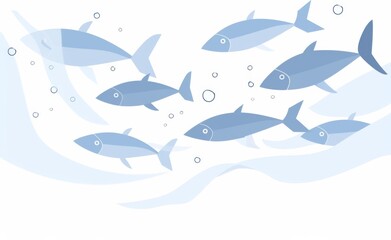 Obraz premium Minimalistic Flat Illustration of a School of Fish Swimming in the Ocean: Soft Blue Tones with Silver Ice Crystals on White Background