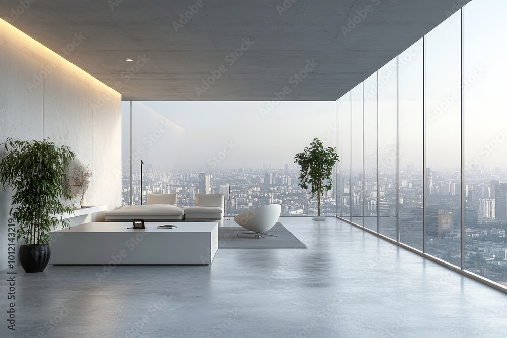 Wall mural Modern office workspace with large windows and white furniture, minimalist style, concrete floor, and cityscape background. Concept of contemporary office design. 3D, Generative AI