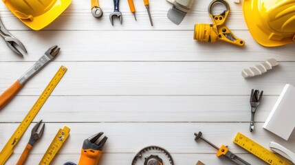 A collection of construction tools arranged on a wooden surface for industry-related tasks.