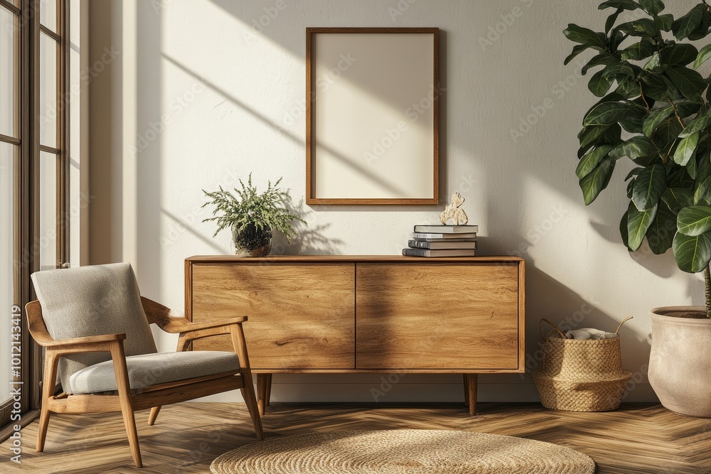 Poster Cozy living room interior with sideboard, decoration and books. Mockup wall, Generative AI