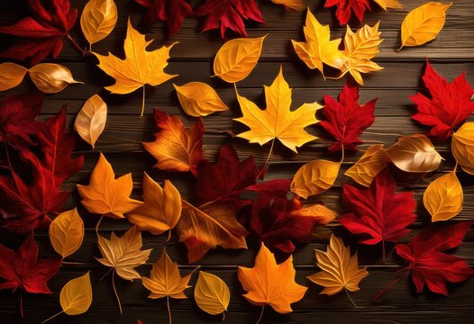 vibrant autumn leaves decorated rustic wooden table surface capturing essence fall colors textures, foliage, orange, yellow, red, brown, nature, grass, pattern