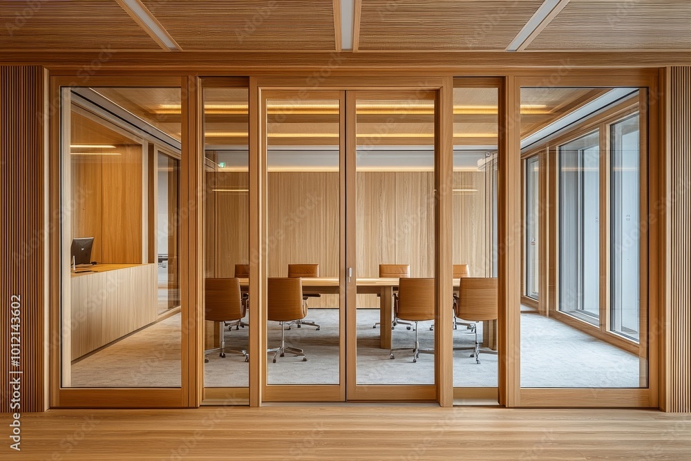 Canvas Prints Wooden business interior with glass rooms and opened door, meeting space, Generative AI