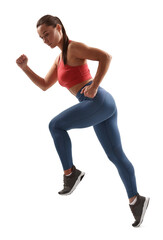 Woman in sportswear running on white background