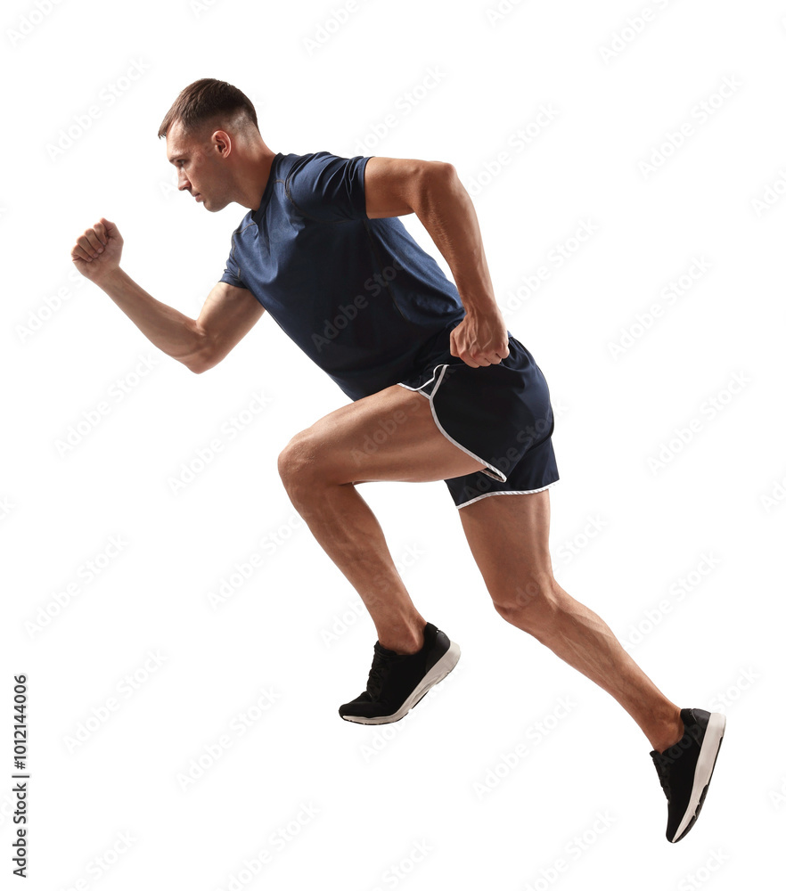 Wall mural Man in sportswear running on white background