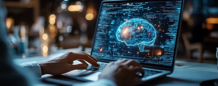 Man hands with laptop, AI hologram, Generative AI