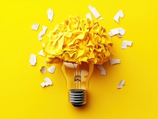 Creative thinking ideas brain innovation concept. light bulb on yellow background. Financial problems. Ultra realistic. Photorealistic