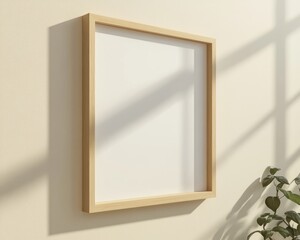 Mockup Square Wooden Frame with Minimalist Design on Beige Wall. 3D Render