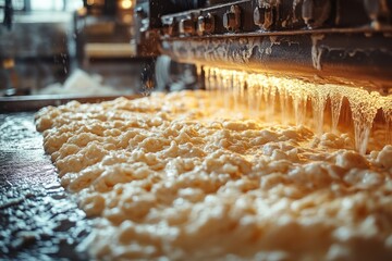 Closeup of a food processing machine with a thick white paste moving along a conveyor belt.
