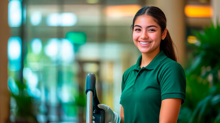 Young smiling cleaning lady holding vacuum cleaner indoors