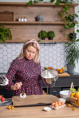 Baking Preparation Woman Mixing Ingredients in Modern Kitchen with Fresh Produce Cooking Concept