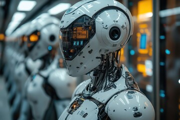A close-up of a futuristic humanoid robot in a line of robots standing in a server room.