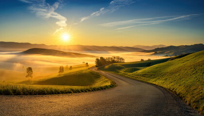 Fototapeta premium A breathtaking sunrise over misty rolling hills with a winding road in the countryside, capturing the serene beauty of nature and the peaceful start of a new day.
