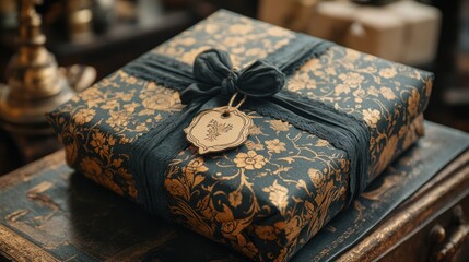 A luxuriously wrapped gift box tied with a blue ribbon and a gift tag.
