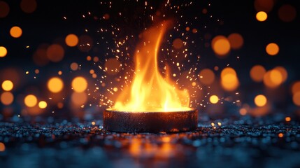 A small fire burns brightly on a dark background with bokeh lights and sparks flying upwards.