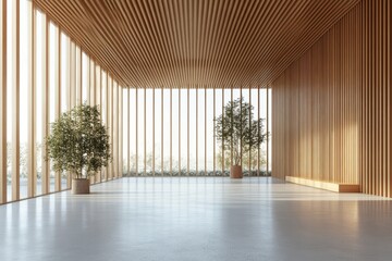Fototapeta premium Minimalistic interior with wooden slats walls and ceiling, large windows, and plain floors. Bright contemporary architectural design concept. 3D, Generative AI