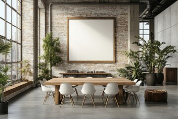 Open office space with large wooden tables, white chairs and blank poster frame, modern design, cityscape background, corporate concept. 3D rendering, Generative AI