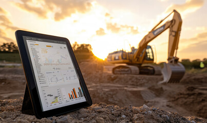 Tablet showing gantt chart and business analytics with excavator working on construction site