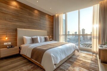 Cozy hotel bedroom interior with work and sleep zone, panoramic window, Generative AI