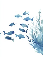 Watercolor Illustration of a Small School of Fish Swimming in the Ocean