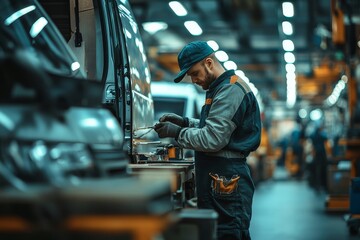 Side view at car mechanics repairing vans and trucks in garage shop or camper factory, Generative AI