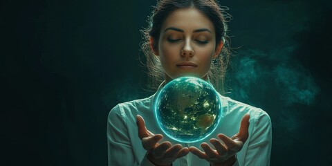 Businesswoman and green business hologram, technology and resources. Copy space, Generative AI