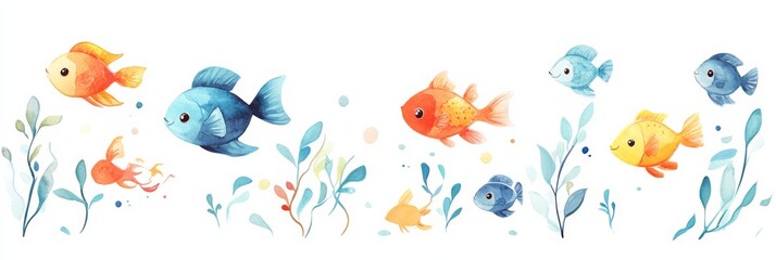 Fototapeta premium Watercolor Illustration of a Small School of Fish Swimming in the Ocean