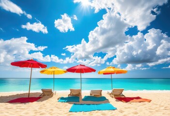 Fototapeta premium vibrant beach scene featuring colorful sunbathing crystal clear bright summer sky, umbrella, towel, sand, water, sunlight, coastline, ocean, tropical