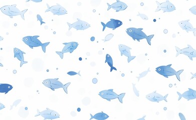 Fototapeta premium Vector Illustration of Small Fish Swimming on White Background: Cute and Simple Design in White and Blue Tones with Watercolor Effect
