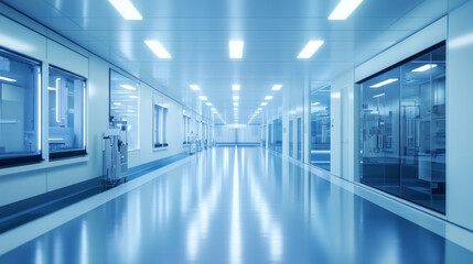 Expansive high-tech hallway in a modern facility featuring sleek design and bright lighting