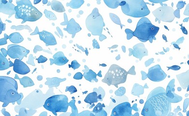 Vector Illustration of Small Fish Swimming on White Background: Cute and Simple Design in White and Blue Tones with Watercolor Effect