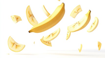 A floating banana and banana slices against a white background.