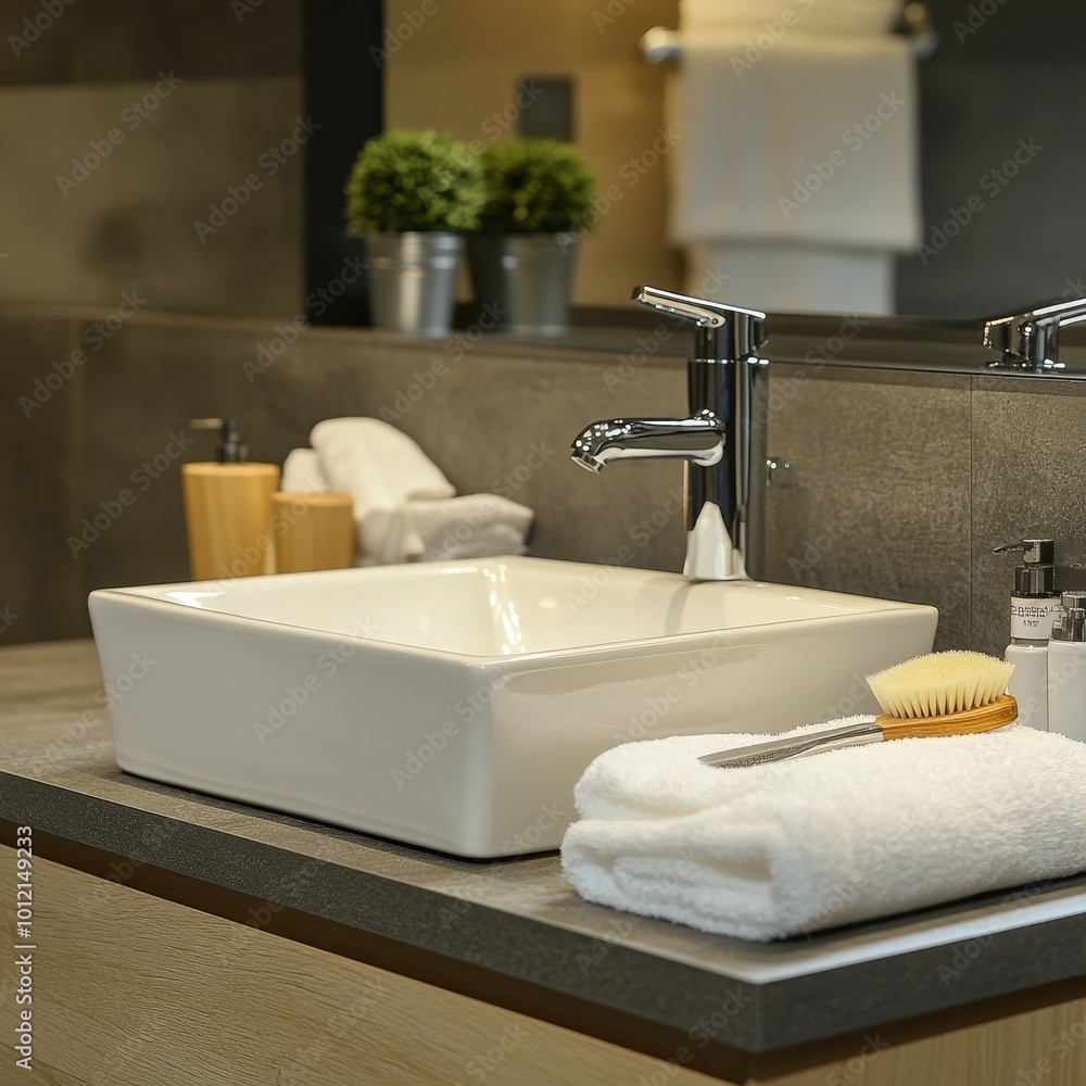 Canvas Prints Stylish hotel bathroom interior with sink and accessories, closeup, Generative AI