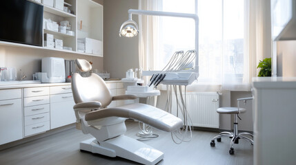 Modern dental clinic interior with a professional treatment room and natural light in a welcoming atmosphere