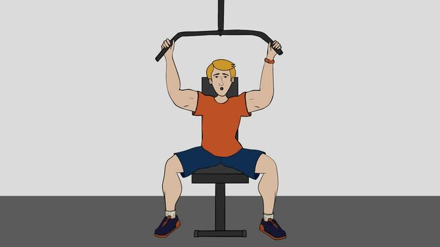 Looped 2D Animation of Man Training on Lat Pulldown Machine - Fitness Exercise
