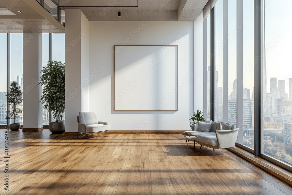 Canvas Prints Modern office interior with pc computers on tables in row, panoramic window, Generative AI