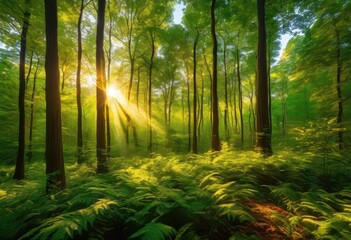 Naklejka premium vibrant forest landscape capturing sunlit foliage rich green tones lush textures, adventure, air, blooms, biodiversity, calming, calm, details, ecology