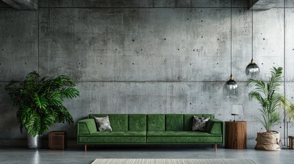 Modern Concrete Room with Green Sofa and Stylish Interior Design